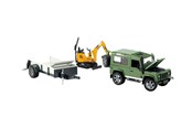 Legetøjsbil - Bruder Land Rover Defender one axle trailer, JCB micro excavator + worker - 02593