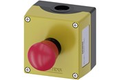 Trykknapper og signalenheder - Siemens Nødstopkasse, 22 mm, rund, plastik kapsling, gul top, nødstop paddehatte trykknap i rød, 40 mm, skrue - 3SU1801-0NA00-2AA2