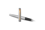 Skrive- og Tegneværktøjer - Parker Jotter-fyldepen | rustfrit stål med detaljer i guld | medium spids blå blæk | inkluderer gaveæske - 2030948