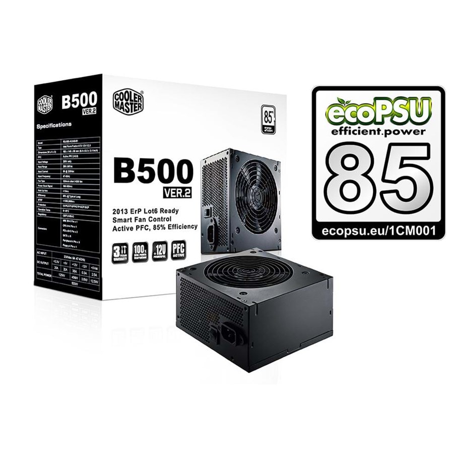 Strømforsyning - Cooler Master B500 ver.2 Strømforsyning - 500 Watt - 120 mm - ATX - 80 Plus White certified - RS500-ACABB1-EU