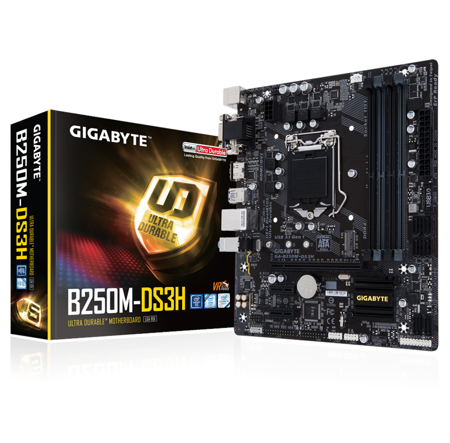 Bundkort - GIGABYTE GA-B250M-DS3H Bundkort - Intel B250 - Intel LGA1151 socket - DDR4 RAM - Micro-ATX - GA-B250M-DS3H