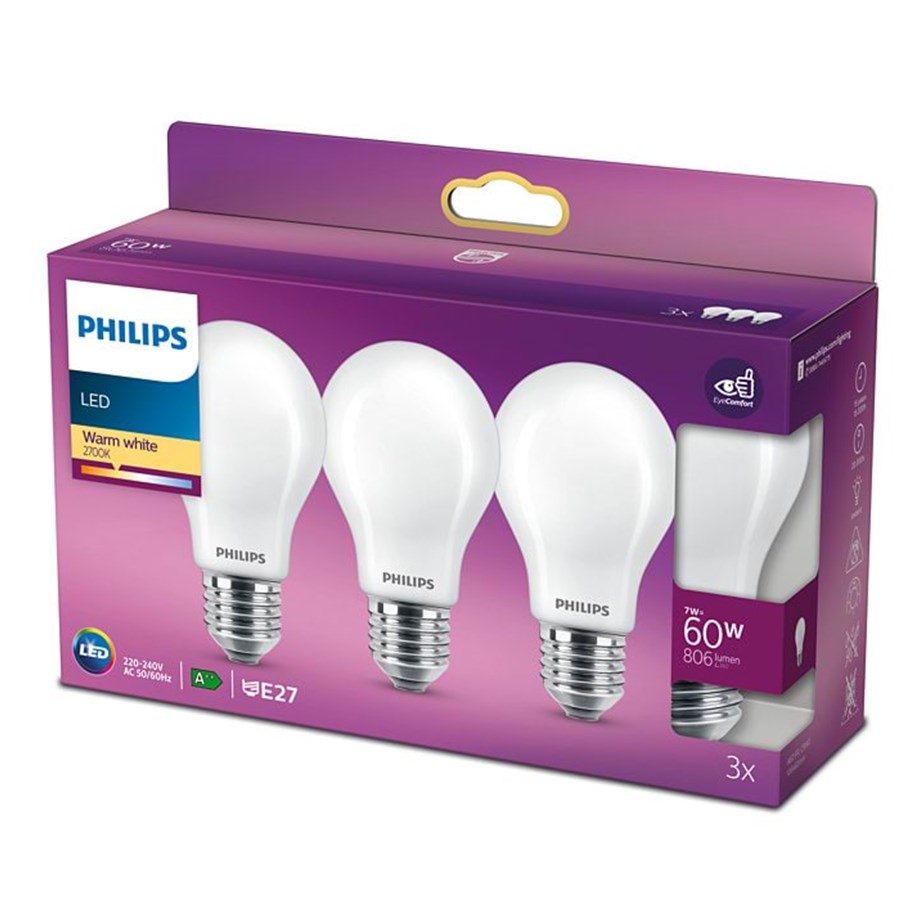 Lyskilder - Philips LED pære Classic Standard 7W/827 (60W) Mat 3-pak E27 - 929001243059