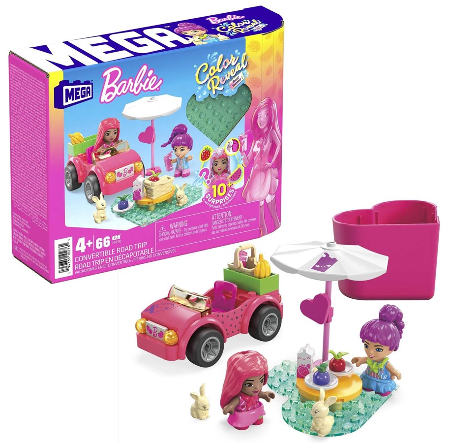 Konstruktionslegetøj - MEGA Barbie Colour Reveal Convertible Road Trip Building Toy Car With 2 Dolls - HKF90