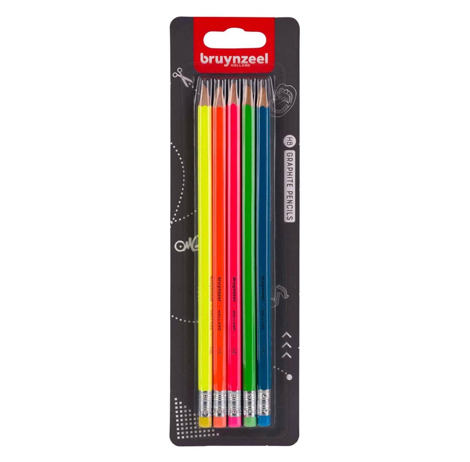 Kreativt Legetøj - Bruynzeel Graphite Pencil Set Neon 5 Hb Pencils with Eraser - 60211105