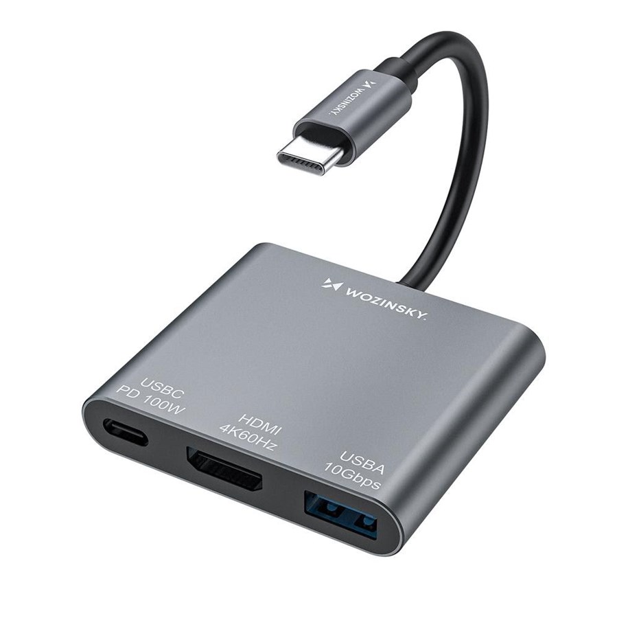 USB hub - Wozinsky WHCH-01 USB-C PD 100W HDMI 4K@30Hz USB-A 10Gbps Hub - Grey USB hub - USB 3.0 - 3 ports - Grå - 5907769378911