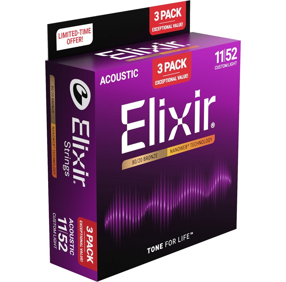 Musik & DJ Instrumenter - Elixir Strings 16564 - 80/20 Bronze - Akustiske strenge - Nanoweb - Custom Light (11-52) - 3-pak - CEL 16564