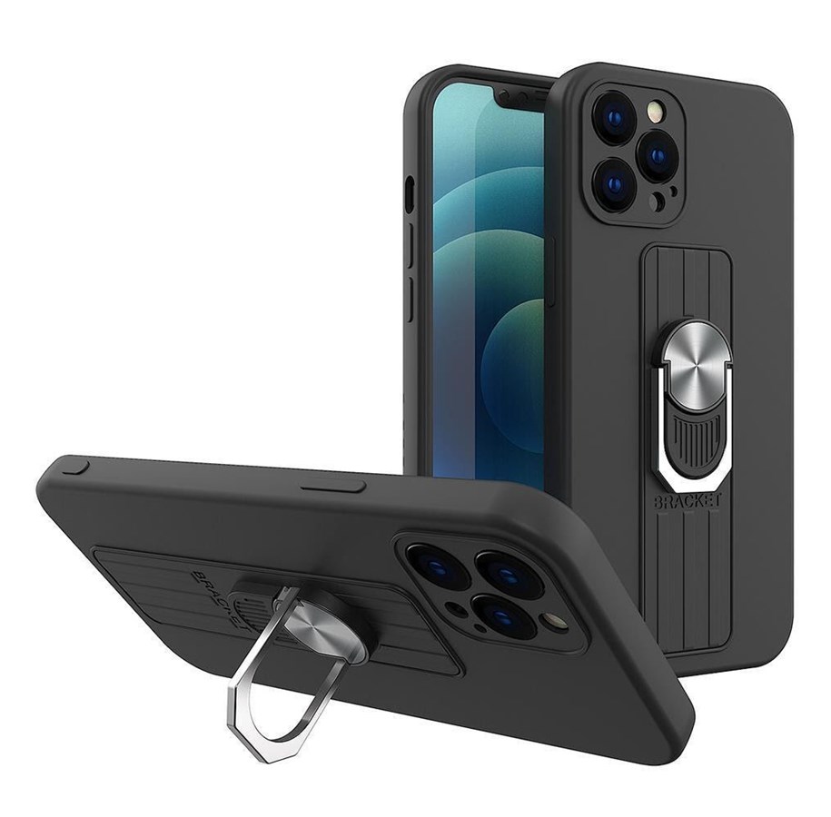 Mobil - Covers & Cases - Hurtel Ring Case silicone Case with a Finger Grip and stand for Samsung Galaxy A73 Black - 5907769341144