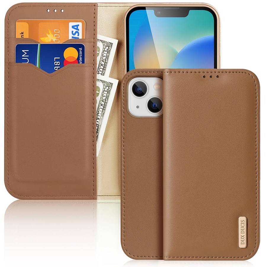 Mobil - Covers & Cases - Dux Ducis Hivo Leather Flip Case Genuine Leather Cover Card & Document Wallet iPhone 14 Plus Brown - 6934913033005